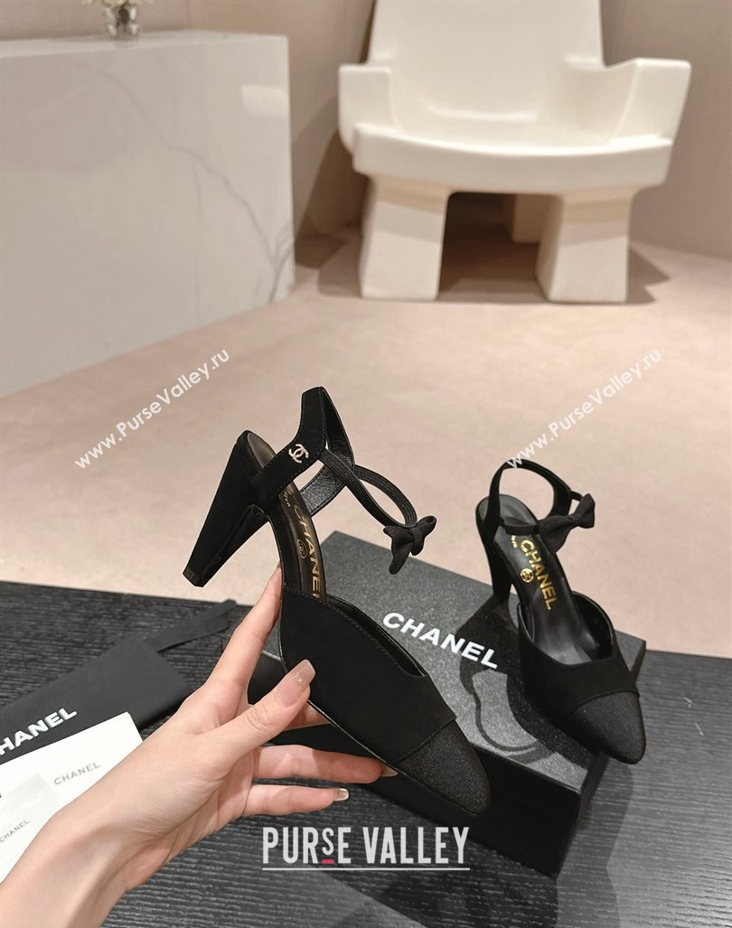 Chanel Suede Slingback Pumps 8cm with Bow Black 2024 072214 (MD-240722143)