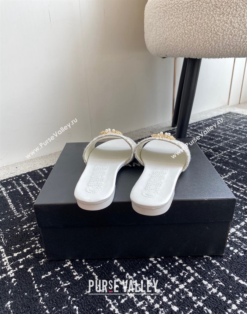 Chanel Tweed Flat Slides Sandal with Chain Pearl CC White 2024 072204 (KL-240722019)