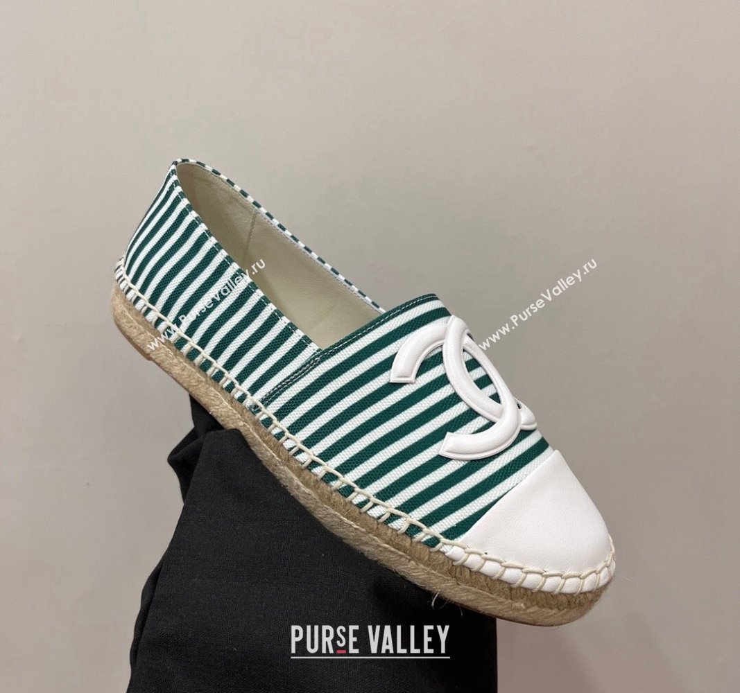 Chanel Coco Beach Stripes Printed Fabric Espadrilles Flat Green 2024 (SS-2407230010)