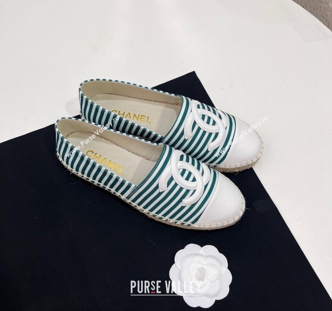 Chanel Coco Beach Stripes Printed Fabric Espadrilles Flat Green 2024 (SS-2407230010)