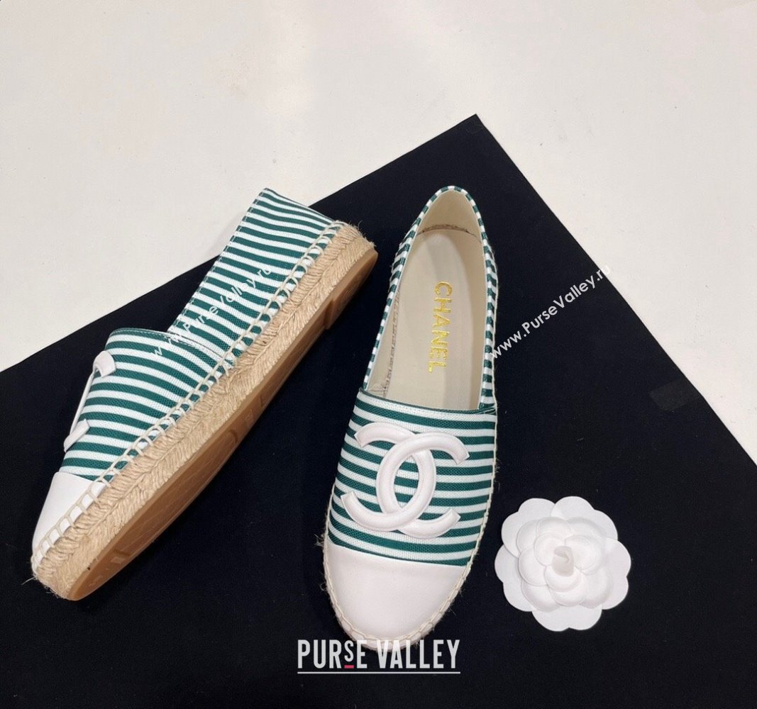 Chanel Coco Beach Stripes Printed Fabric Espadrilles Flat Green 2024 (SS-2407230010)