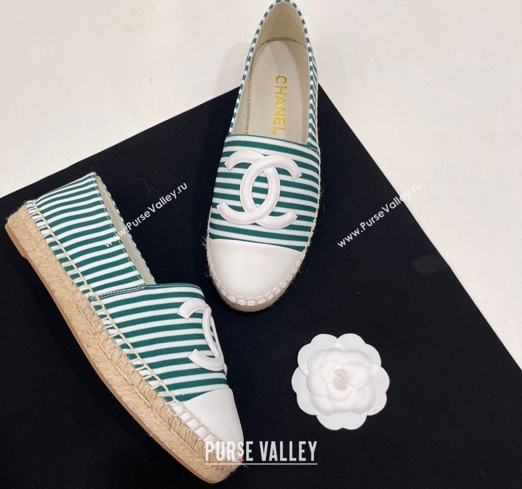 Chanel Coco Beach Stripes Printed Fabric Espadrilles Flat Green 2024 (SS-2407230010)