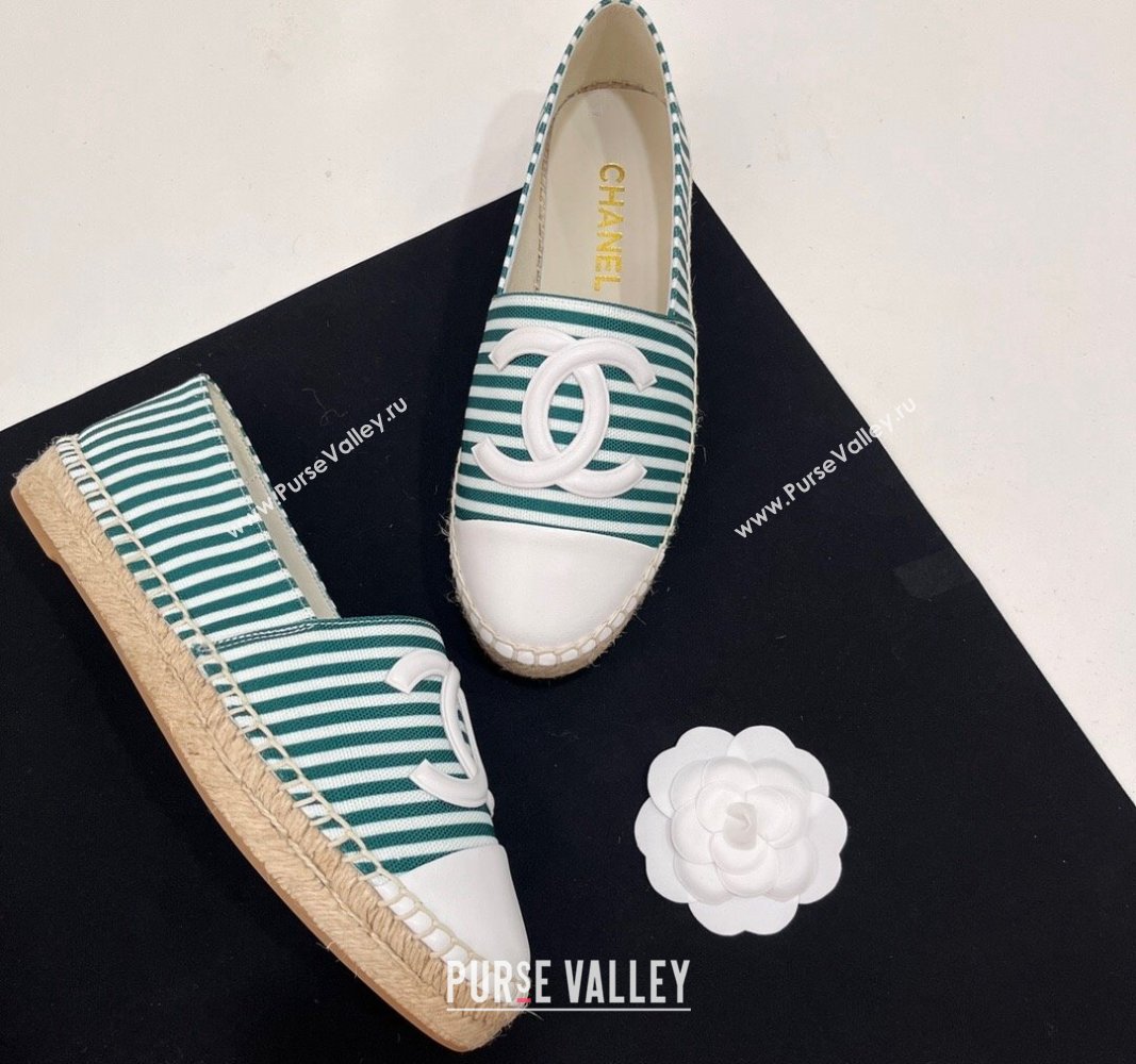 Chanel Coco Beach Stripes Printed Fabric Espadrilles Flat Green 2024 (SS-2407230010)