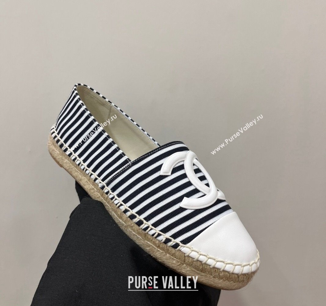 Chanel Coco Beach Stripes Printed Fabric Espadrilles Flat Black/White 2024 (SS-2407230011)