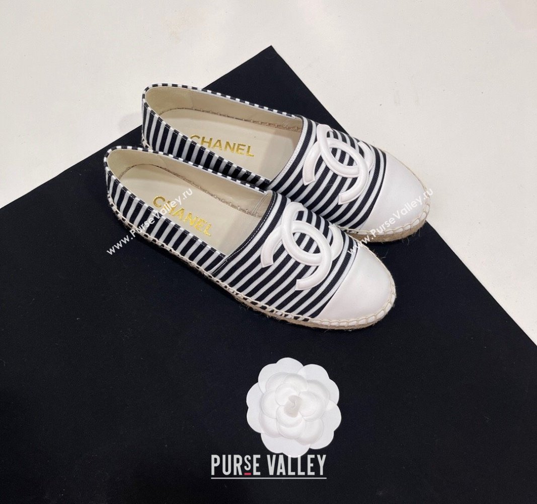 Chanel Coco Beach Stripes Printed Fabric Espadrilles Flat Black/White 2024 (SS-2407230011)