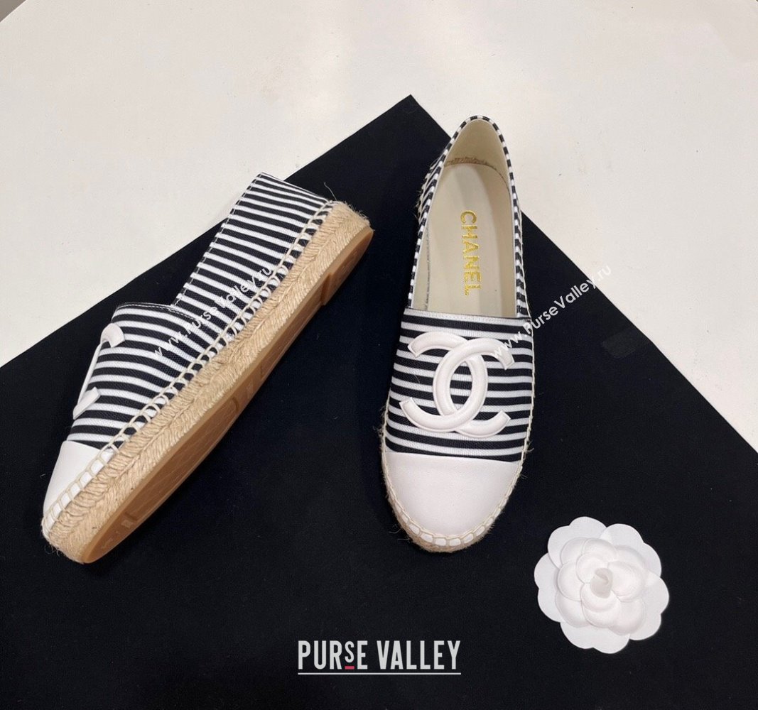 Chanel Coco Beach Stripes Printed Fabric Espadrilles Flat Black/White 2024 (SS-2407230011)