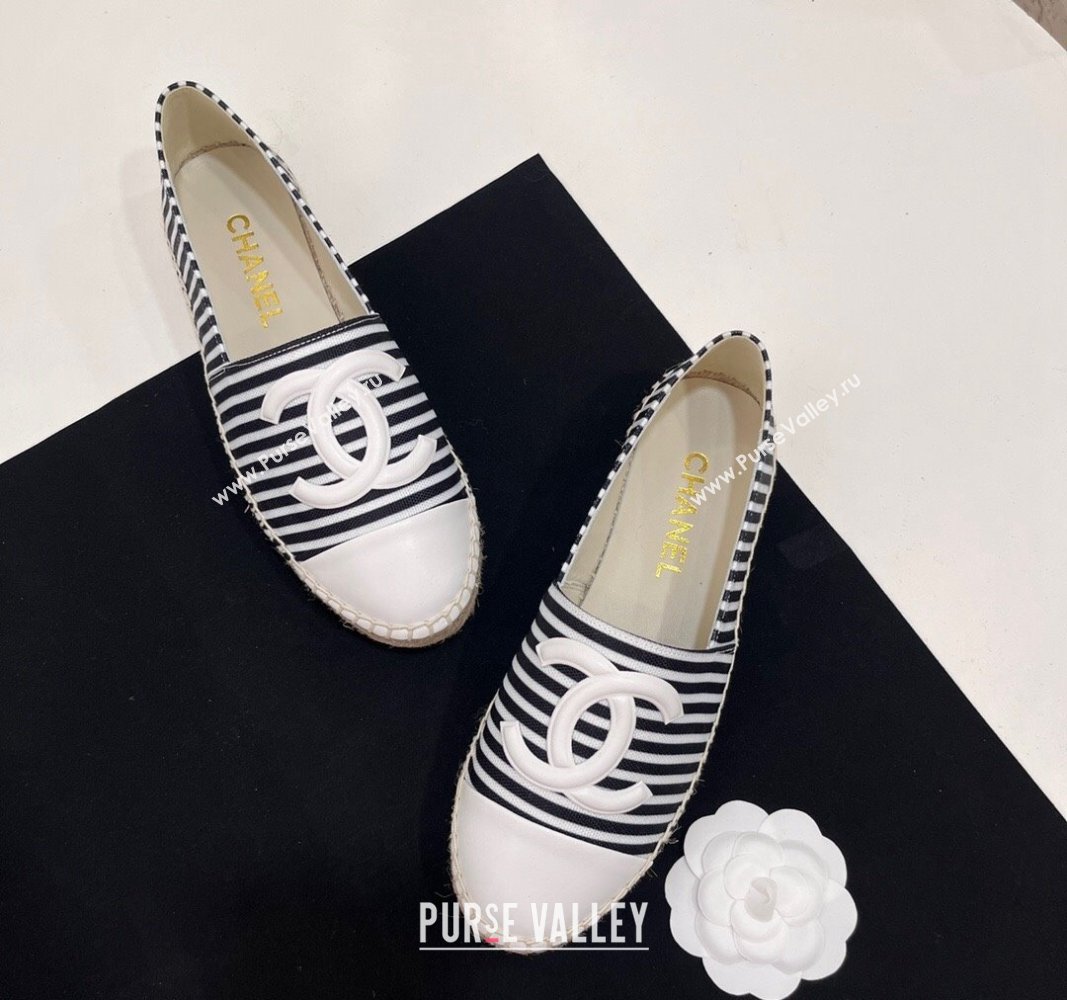 Chanel Coco Beach Stripes Printed Fabric Espadrilles Flat Black/White 2024 (SS-2407230011)