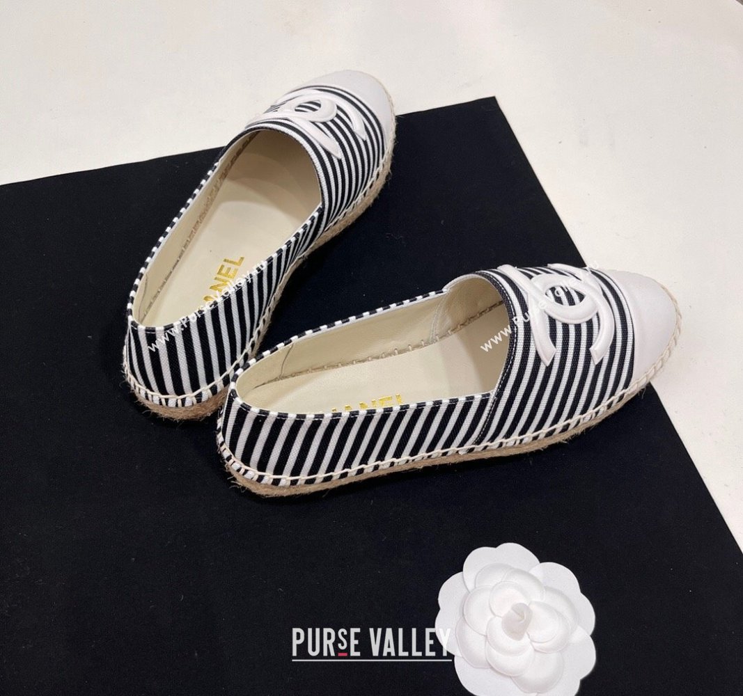 Chanel Coco Beach Stripes Printed Fabric Espadrilles Flat Black/White 2024 (SS-2407230011)