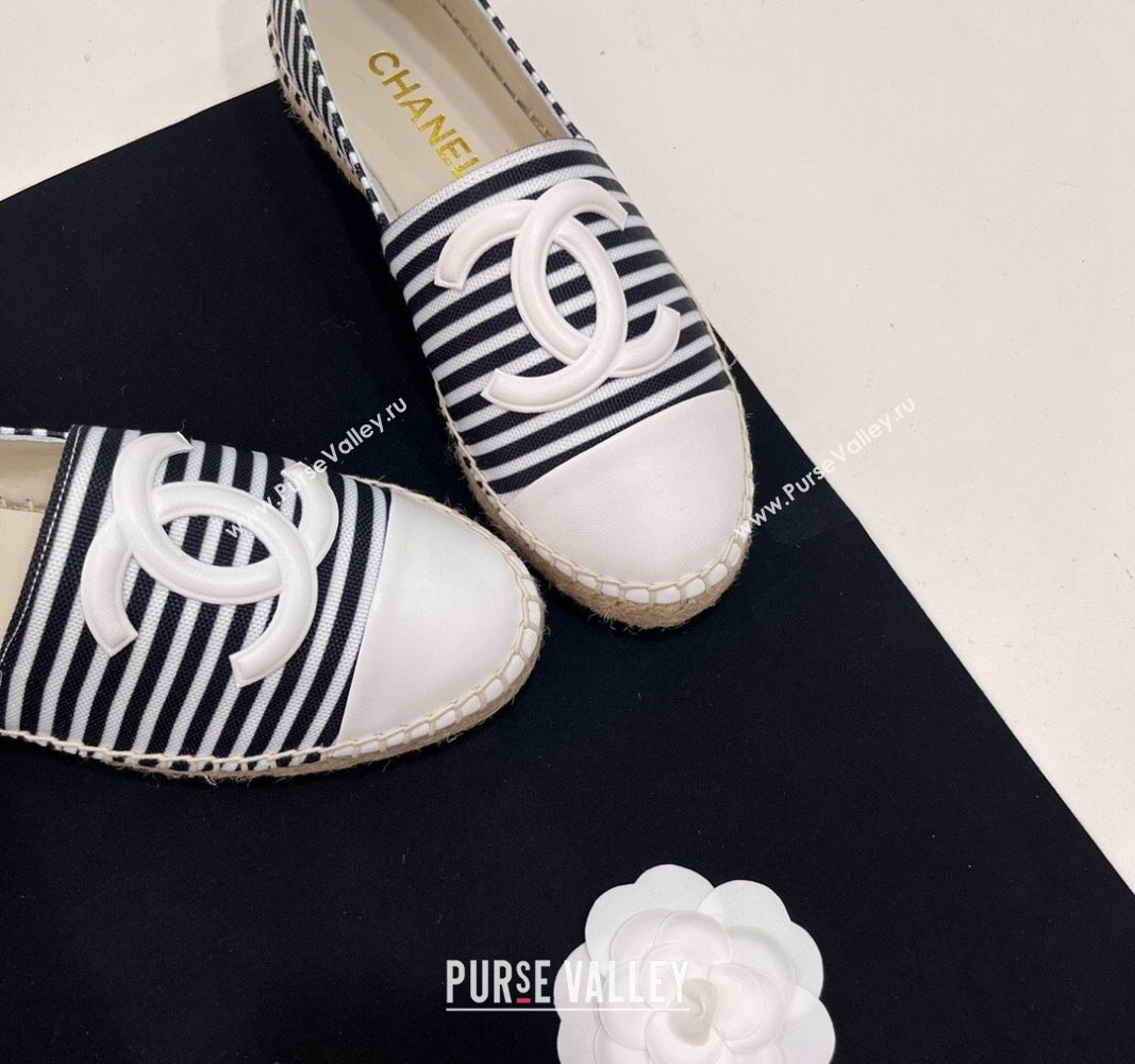 Chanel Coco Beach Stripes Printed Fabric Espadrilles Flat Black/White 2024 (SS-2407230011)