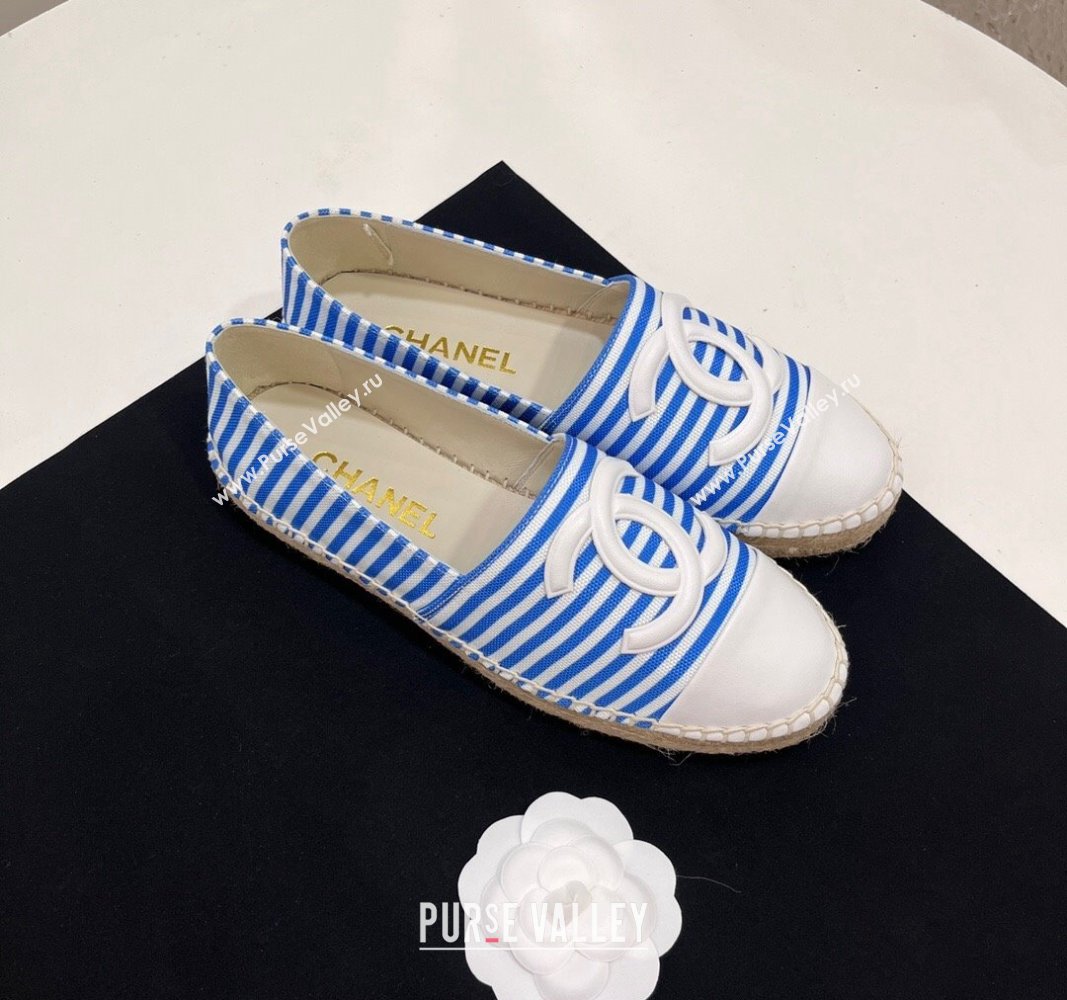 Chanel Coco Beach Stripes Printed Fabric Espadrilles Flat Sky Blue 2024 (SS-2407230012)