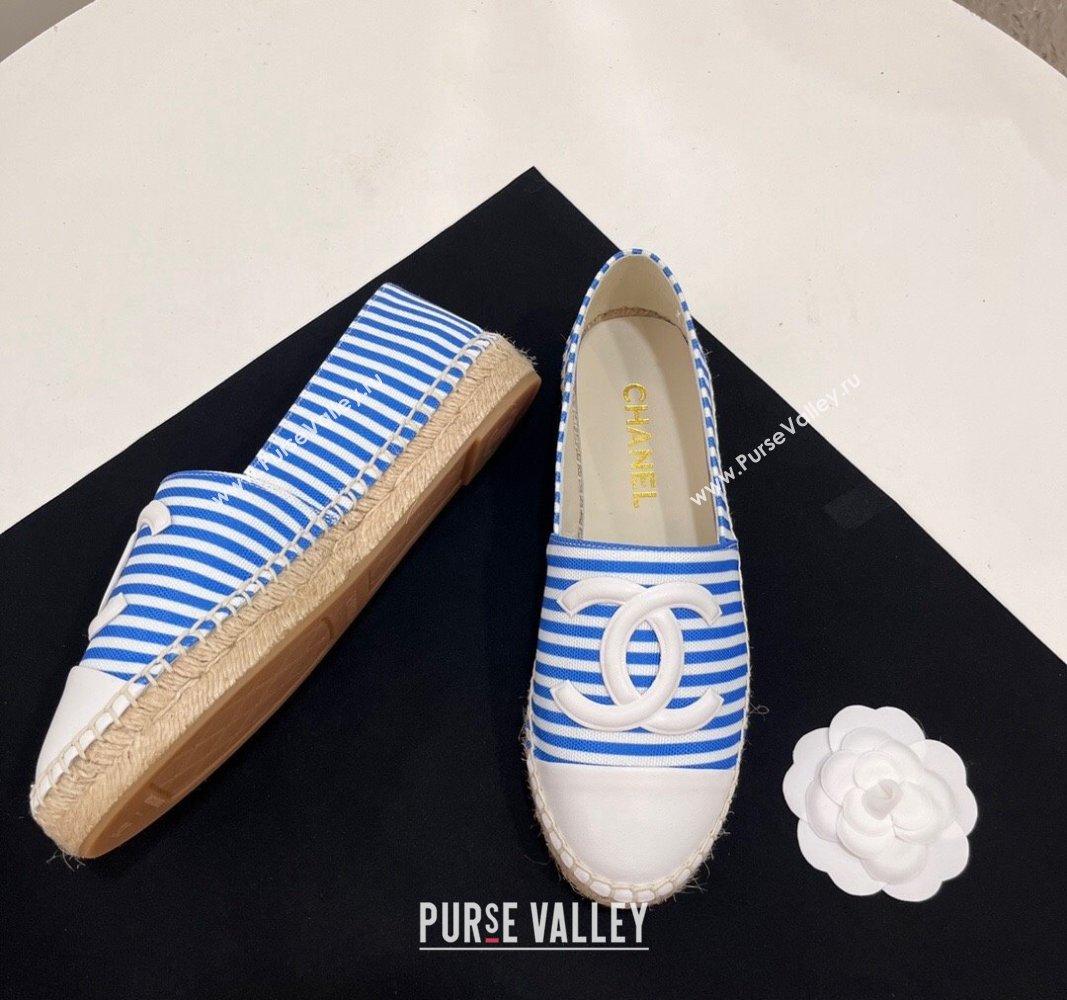 Chanel Coco Beach Stripes Printed Fabric Espadrilles Flat Sky Blue 2024 (SS-2407230012)