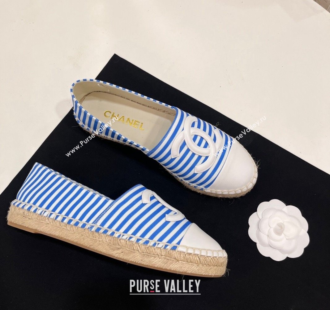 Chanel Coco Beach Stripes Printed Fabric Espadrilles Flat Sky Blue 2024 (SS-2407230012)