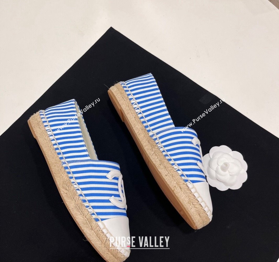 Chanel Coco Beach Stripes Printed Fabric Espadrilles Flat Sky Blue 2024 (SS-2407230012)