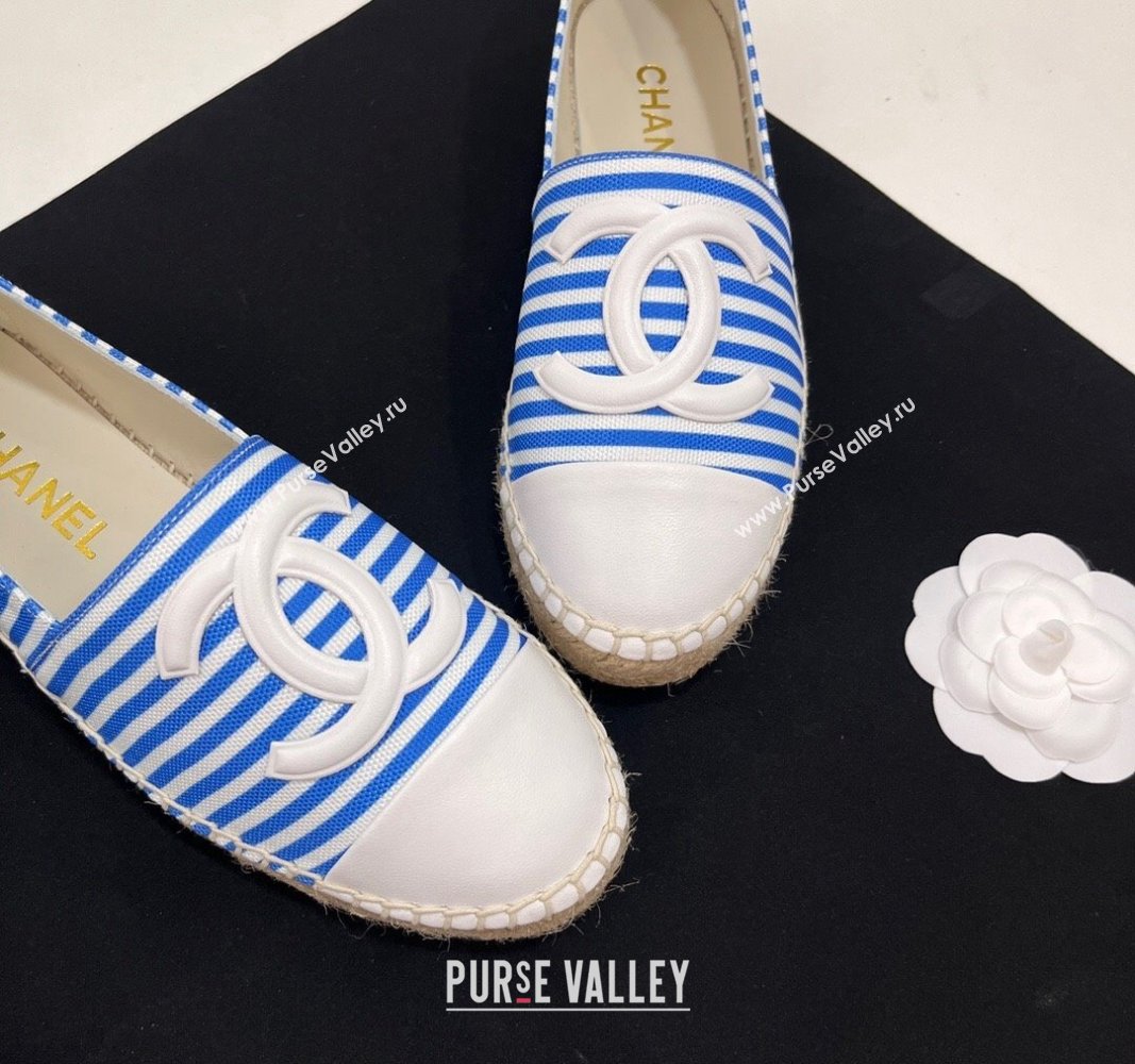 Chanel Coco Beach Stripes Printed Fabric Espadrilles Flat Sky Blue 2024 (SS-2407230012)