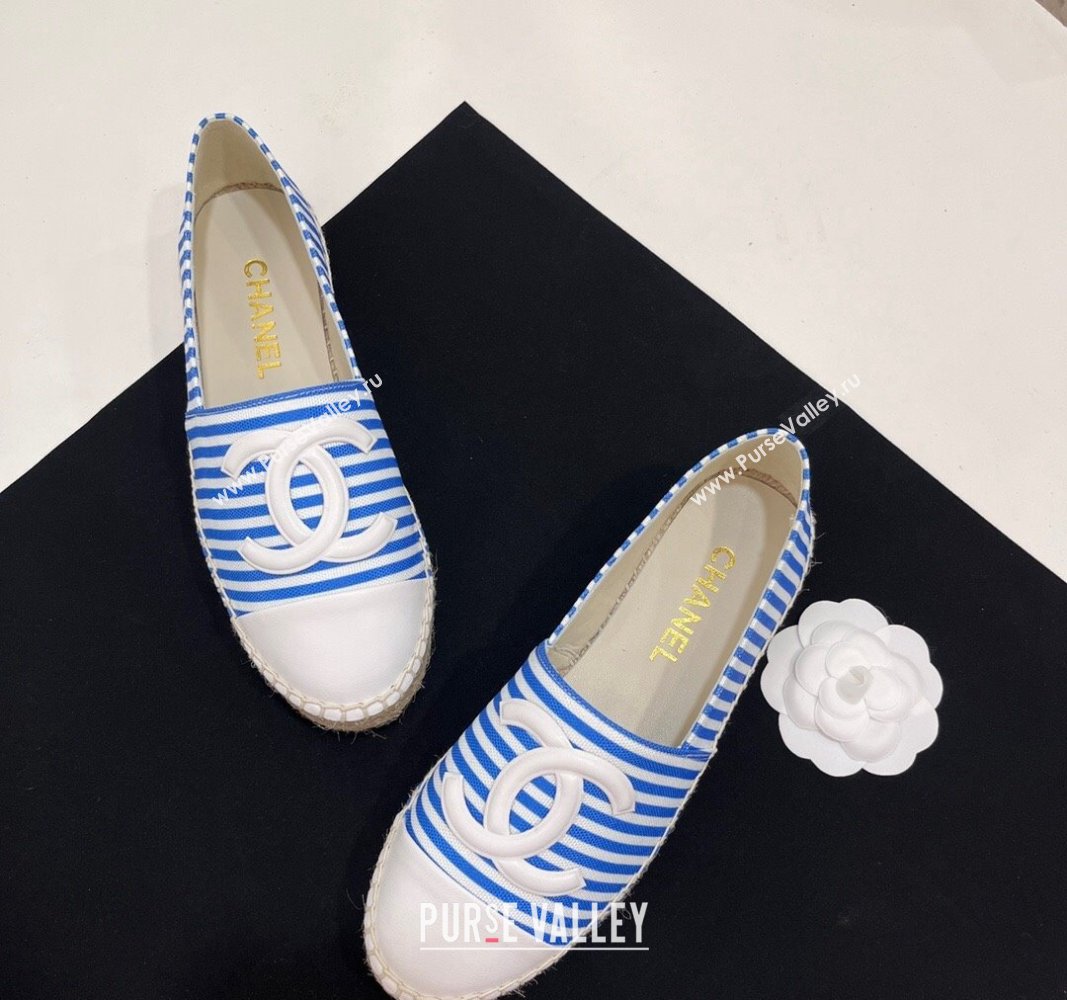 Chanel Coco Beach Stripes Printed Fabric Espadrilles Flat Sky Blue 2024 (SS-2407230012)