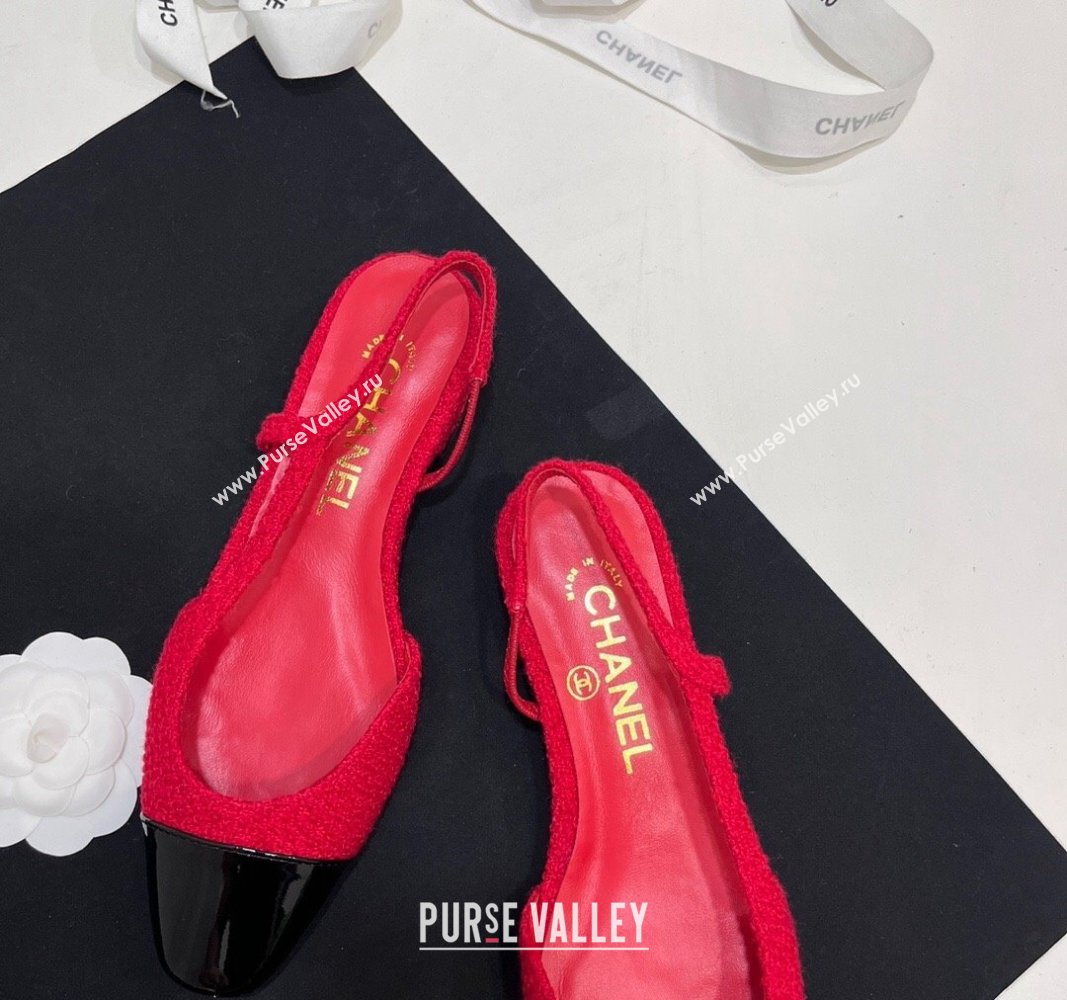 Chanel Tweed Patent Calfskin Slingbacks Flats Red 2024 G31319 (KL-2407230019)