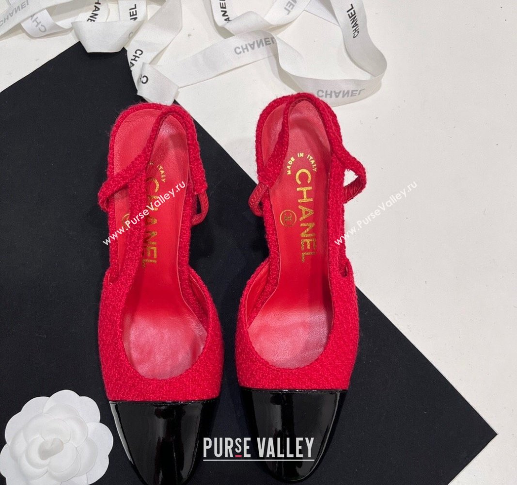 Chanel Tweed Patent Calfskin Slingbacks Pumps 9.5cm Red 2024 G45509 (KL-2407230027)