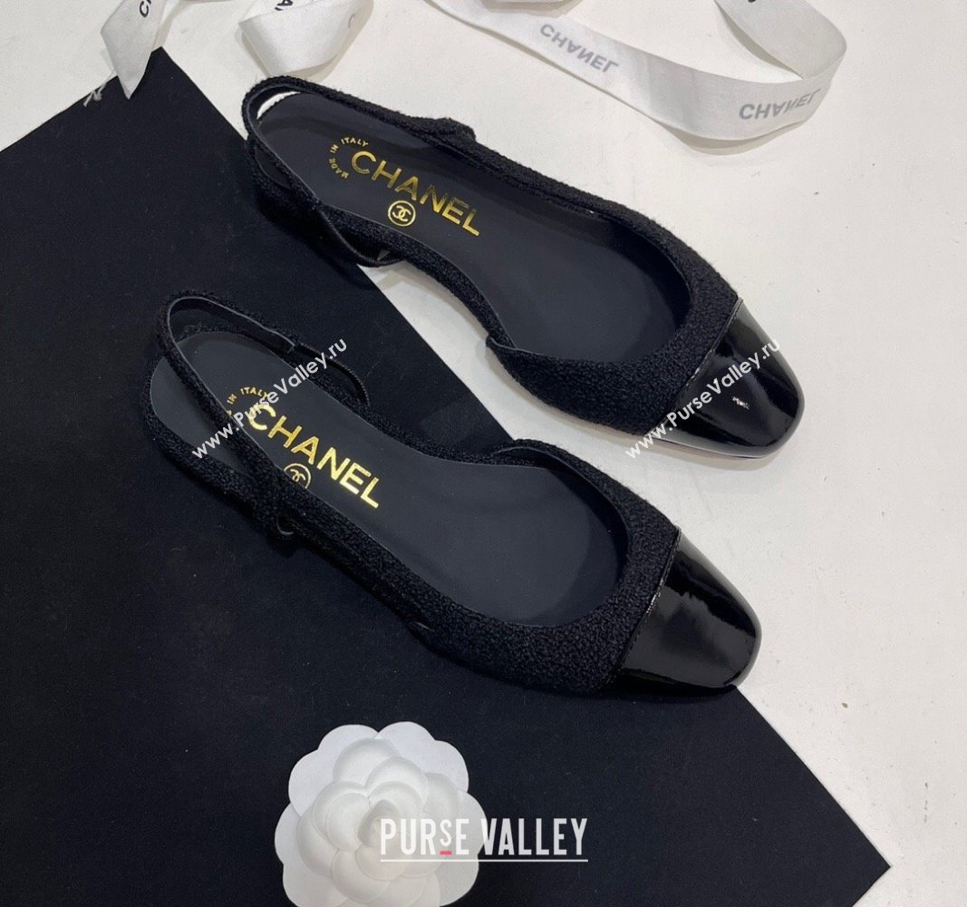 Chanel Tweed Patent Calfskin Slingbacks Flats Black 2024 G31319 (KL-2407230020)