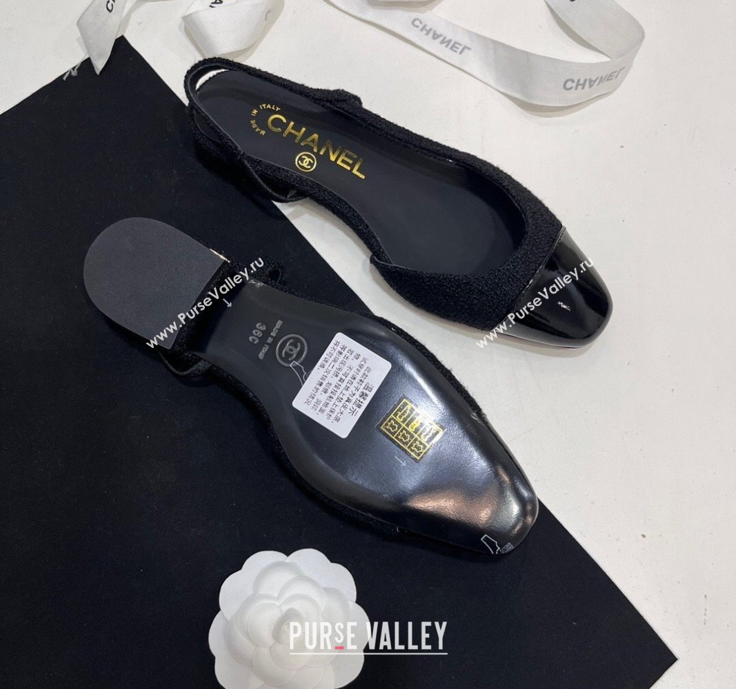 Chanel Tweed Patent Calfskin Slingbacks Flats Black 2024 G31319 (KL-2407230020)