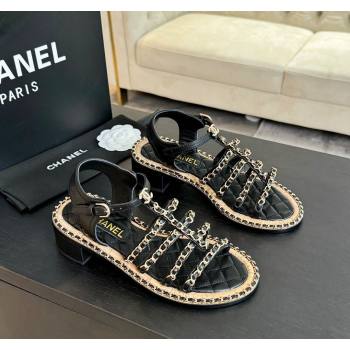 Chanel Calfskin Heel Sandals 5.5cm with Chain Black 2024 072205 (KL-240722038)