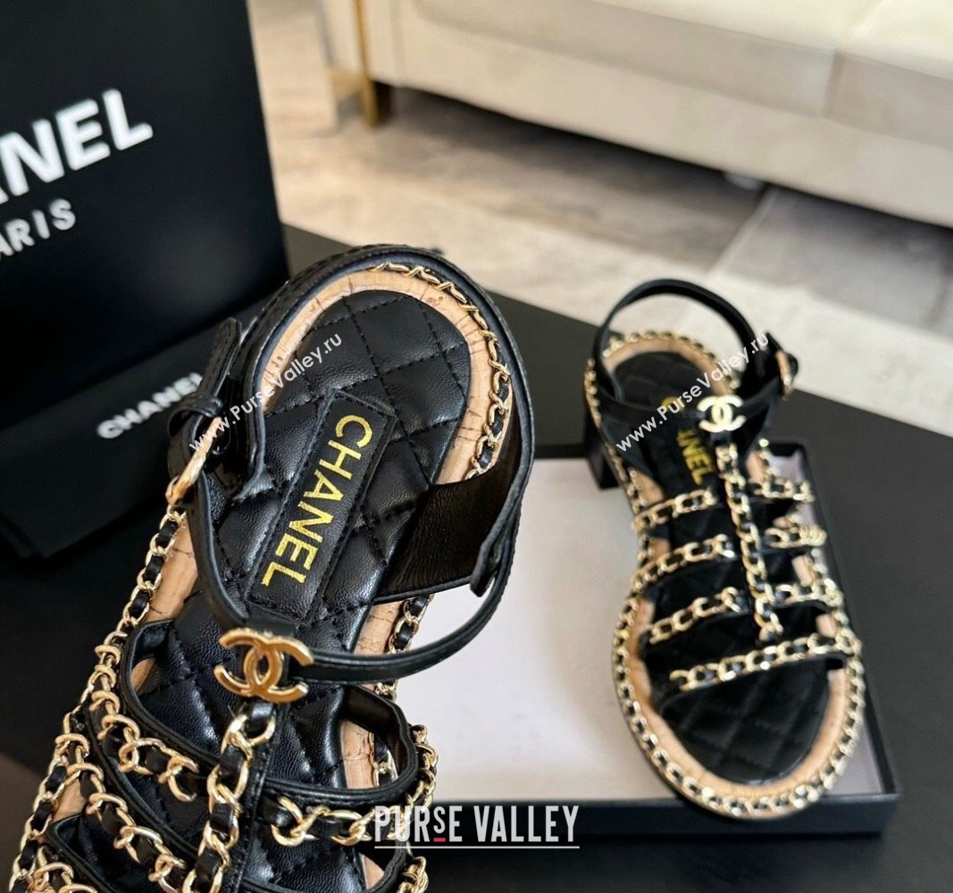 Chanel Calfskin Heel Sandals 5.5cm with Chain Black 2024 072205 (KL-240722038)