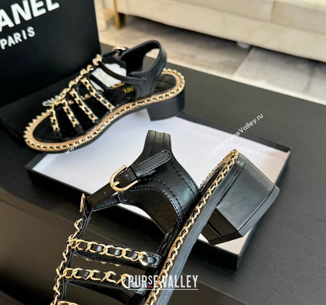 Chanel Calfskin Heel Sandals 5.5cm with Chain Black 2024 072205 (KL-240722038)