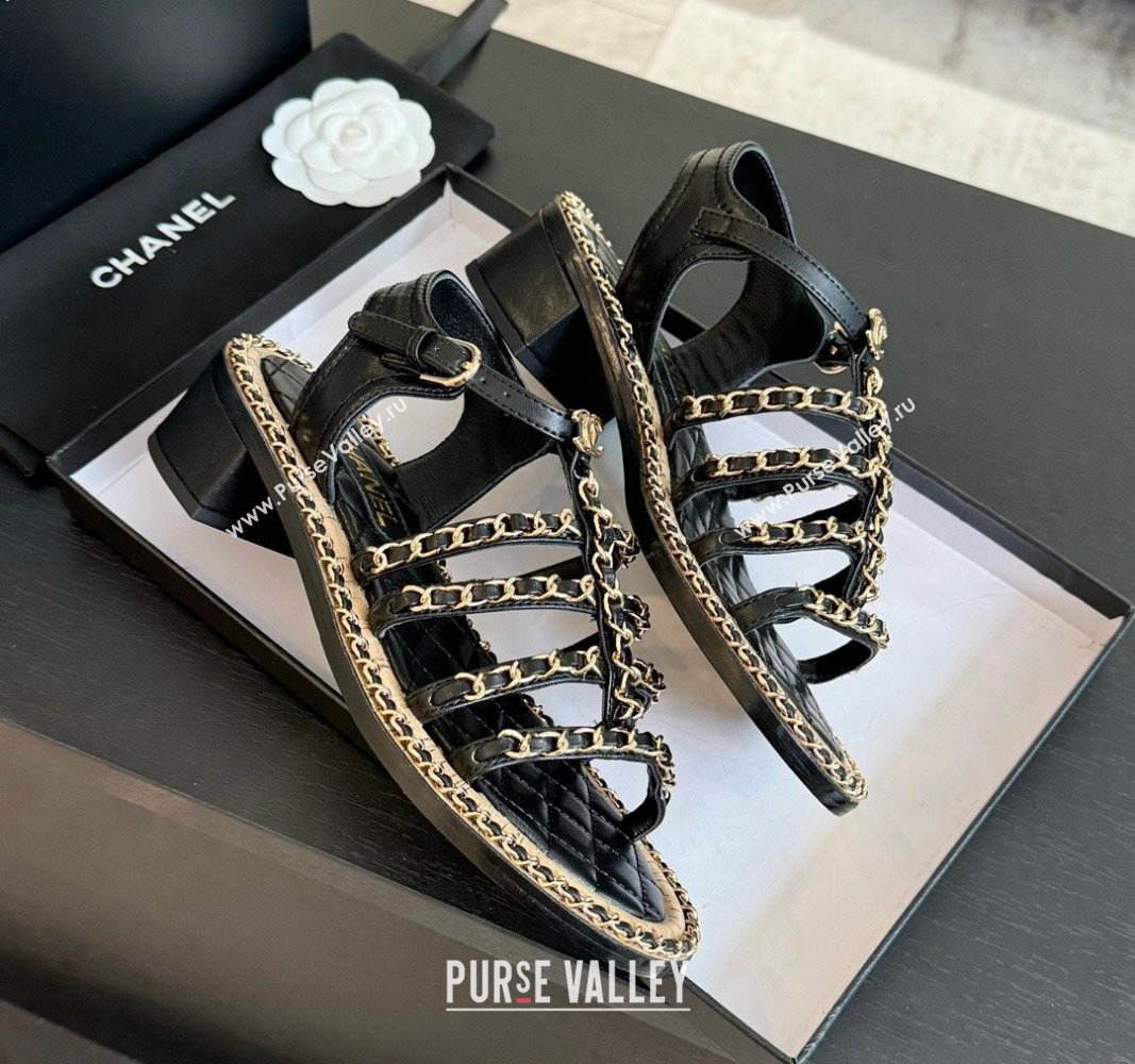 Chanel Calfskin Heel Sandals 5.5cm with Chain Black 2024 072205 (KL-240722038)