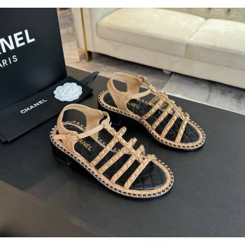 Chanel Calfskin Heel Sandals 5.5cm with Chain Beige 2024 072205 (KL-240722040)