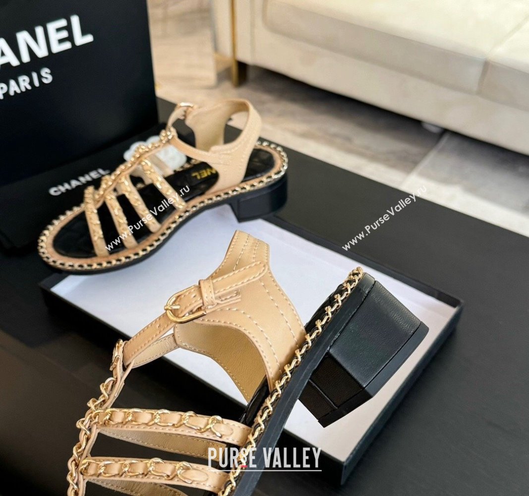 Chanel Calfskin Heel Sandals 5.5cm with Chain Beige 2024 072205 (KL-240722040)