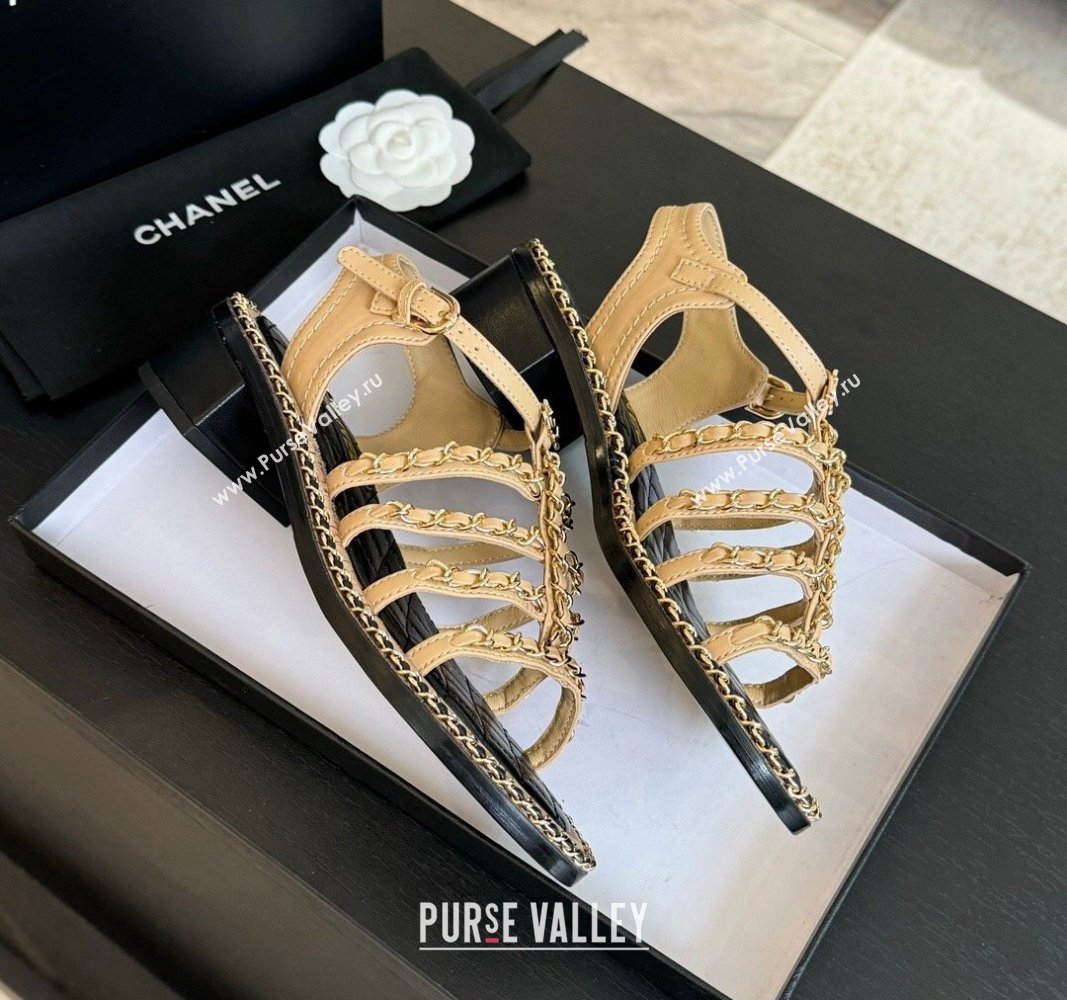 Chanel Calfskin Heel Sandals 5.5cm with Chain Beige 2024 072205 (KL-240722040)