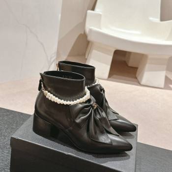 Chanel Calfskin Heel Ankle Boots 5.5cm with Maxi-Bow and Pearls Black 2024 072206 (MD-240722046)