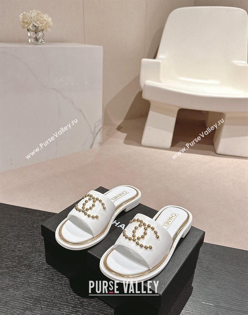 Chanel Calfskin Flat Slides Sandal with Stud CC White 2024 072207 (MD-240722047)