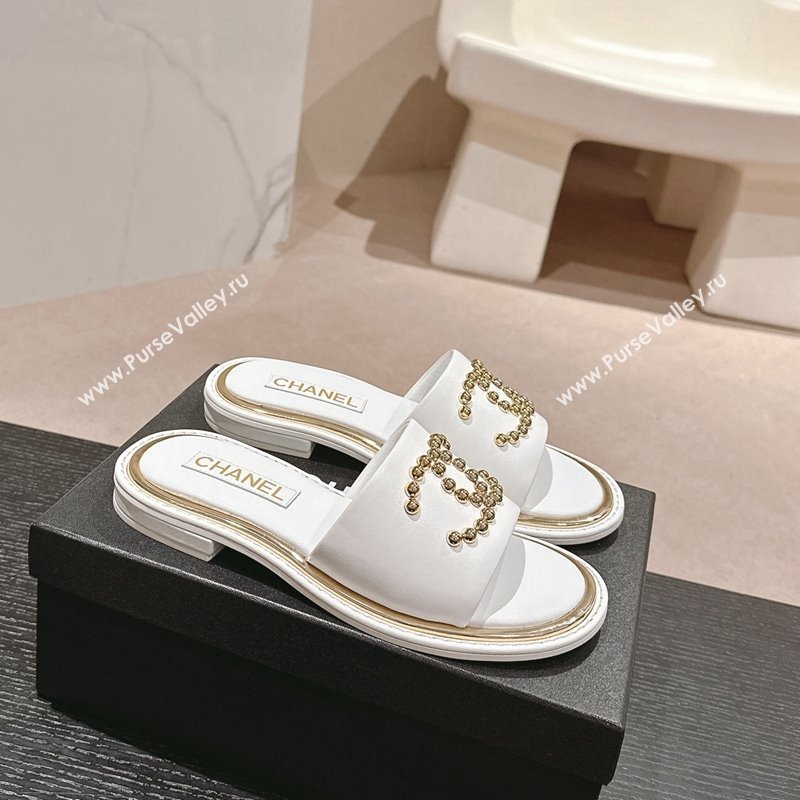 Chanel Calfskin Flat Slides Sandal with Stud CC White 2024 072207 (MD-240722047)