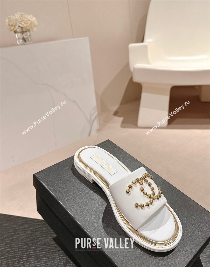 Chanel Calfskin Flat Slides Sandal with Stud CC White 2024 072207 (MD-240722047)