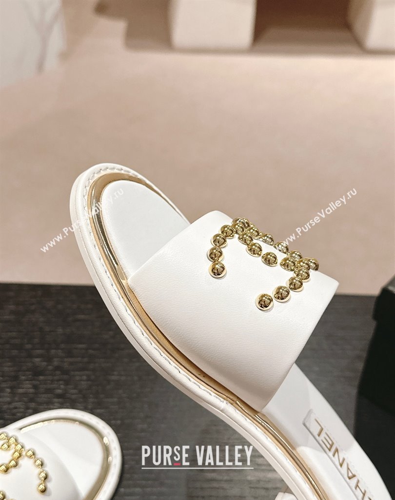 Chanel Calfskin Flat Slides Sandal with Stud CC White 2024 072207 (MD-240722047)