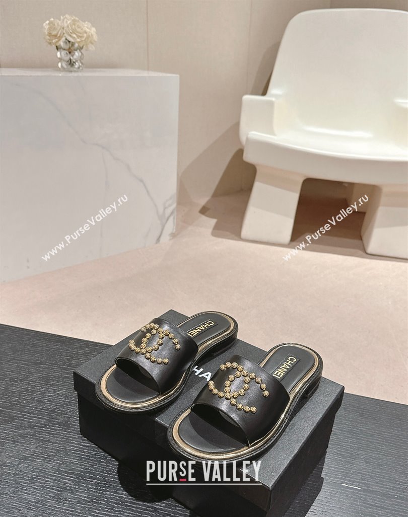 Chanel Calfskin Flat Slides Sandal with Stud CC Black 2024 072207 (MD-240722049)