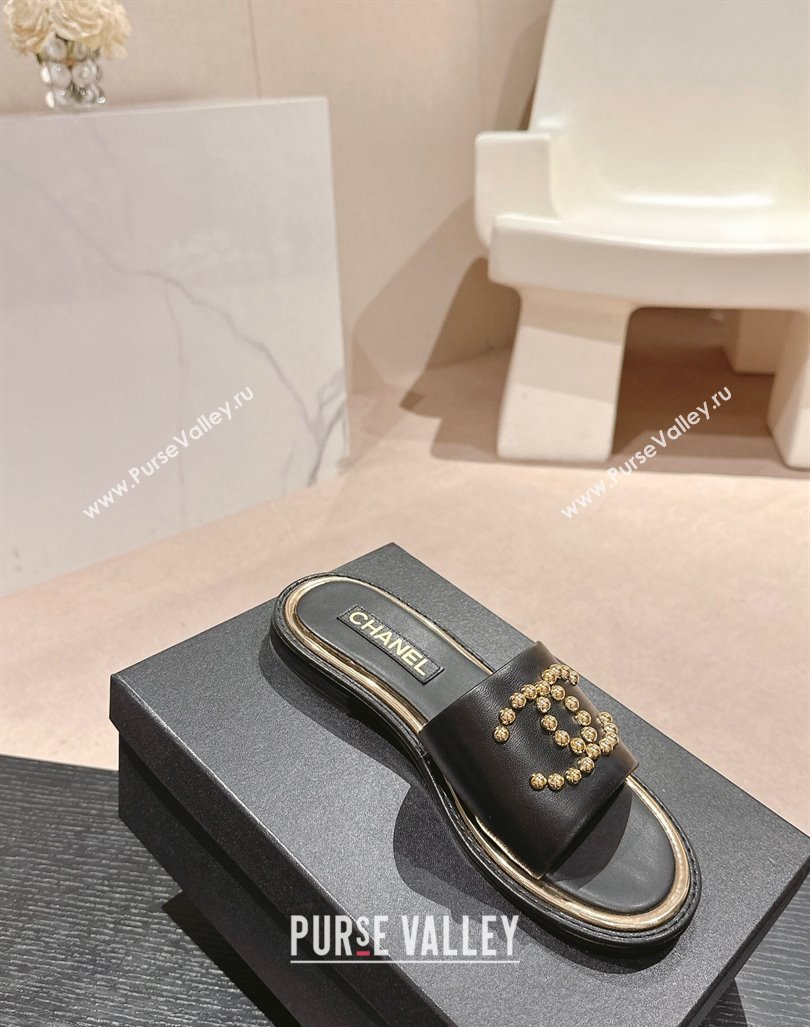 Chanel Calfskin Flat Slides Sandal with Stud CC Black 2024 072207 (MD-240722049)