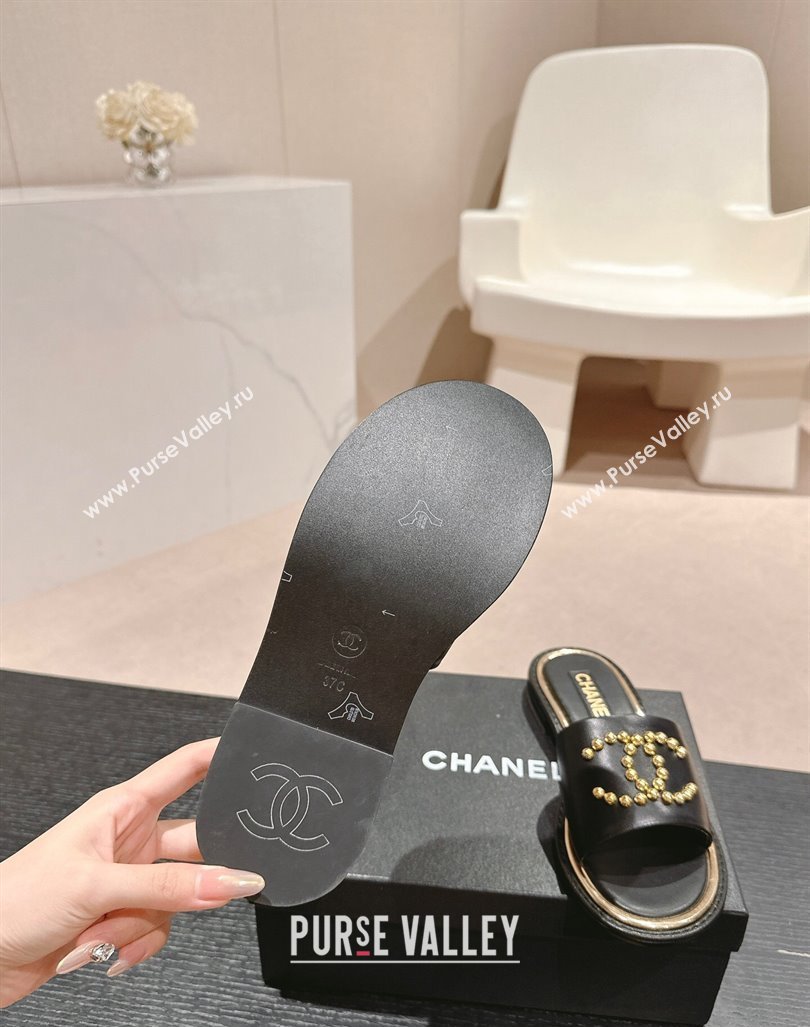 Chanel Calfskin Flat Slides Sandal with Stud CC Black 2024 072207 (MD-240722049)