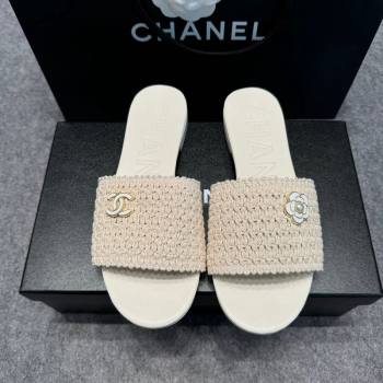 Chanel Knit Flat Slides Sandal with Logo Beige 2024 072208 (MD-240722051)