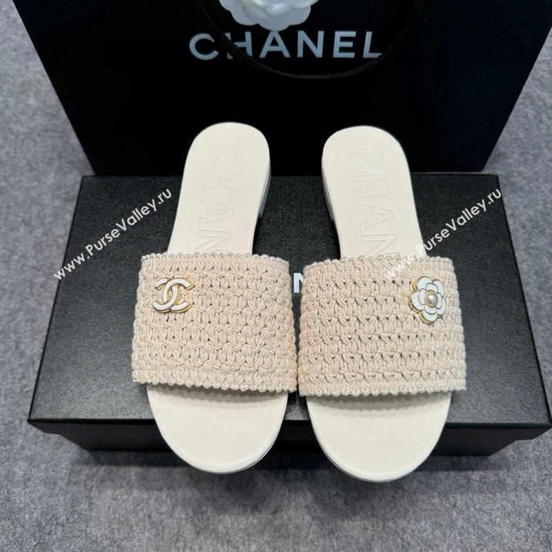 Chanel Knit Flat Slides Sandal with Logo Beige 2024 072208 (MD-240722051)