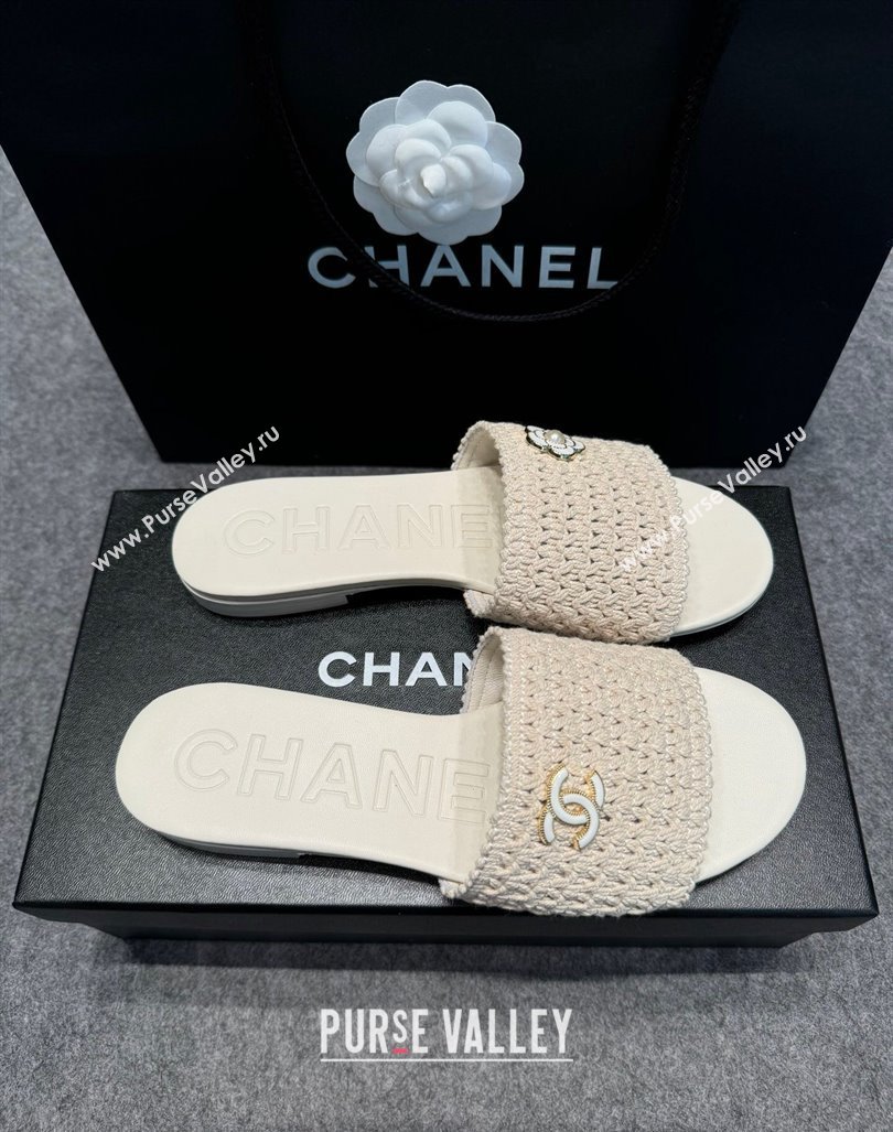 Chanel Knit Flat Slides Sandal with Logo Beige 2024 072208 (MD-240722051)