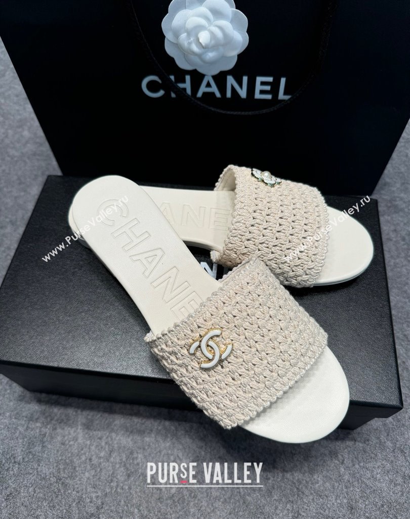 Chanel Knit Flat Slides Sandal with Logo Beige 2024 072208 (MD-240722051)