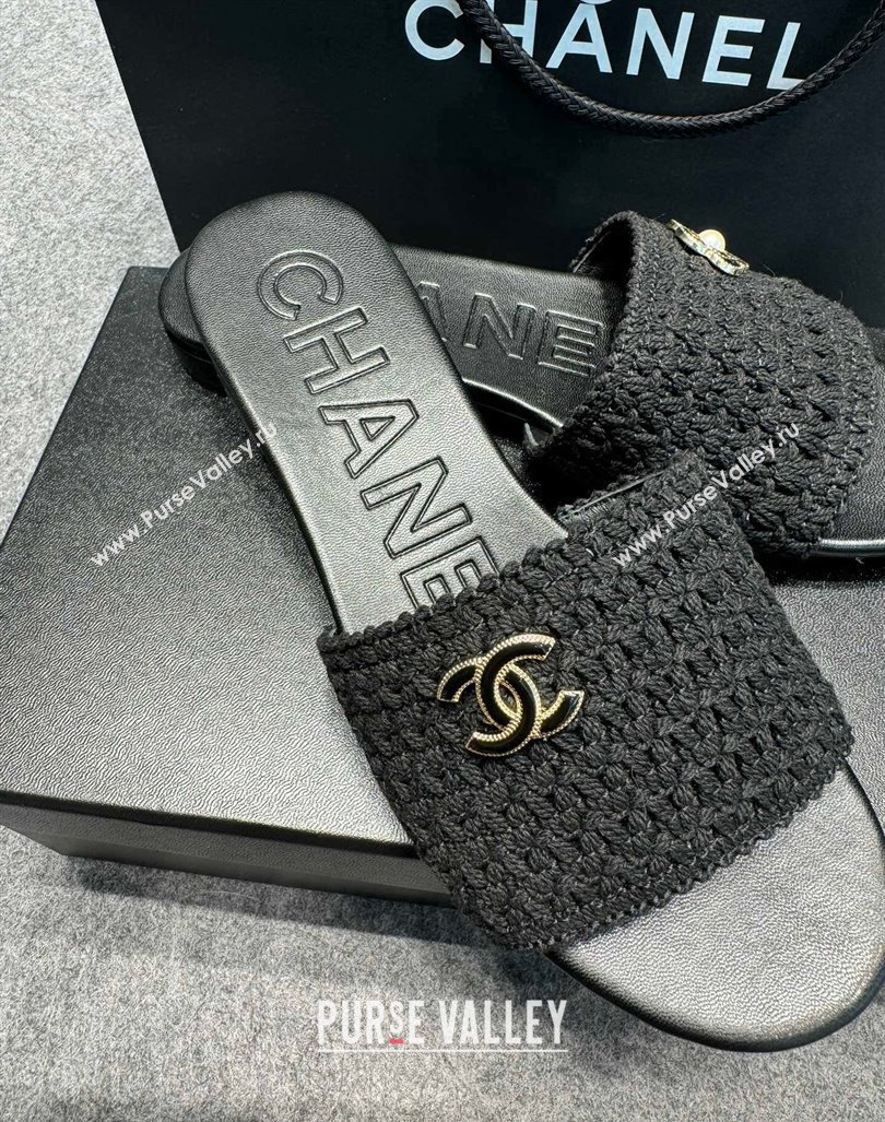 Chanel Knit Flat Slides Sandal with Logo Black 2024 072208 (MD-240722052)