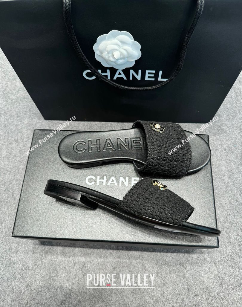 Chanel Knit Flat Slides Sandal with Logo Black 2024 072208 (MD-240722052)