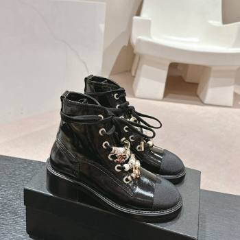 Chanel Patent Crinkled Calfskin Combat lace-up Ankle Boots 5cm Black 2024 G45856 (MD-240722057)