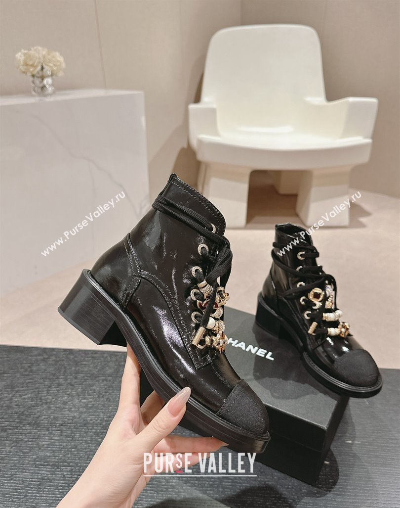 Chanel Patent Crinkled Calfskin Combat lace-up Ankle Boots 5cm Black 2024 G45856 (MD-240722057)