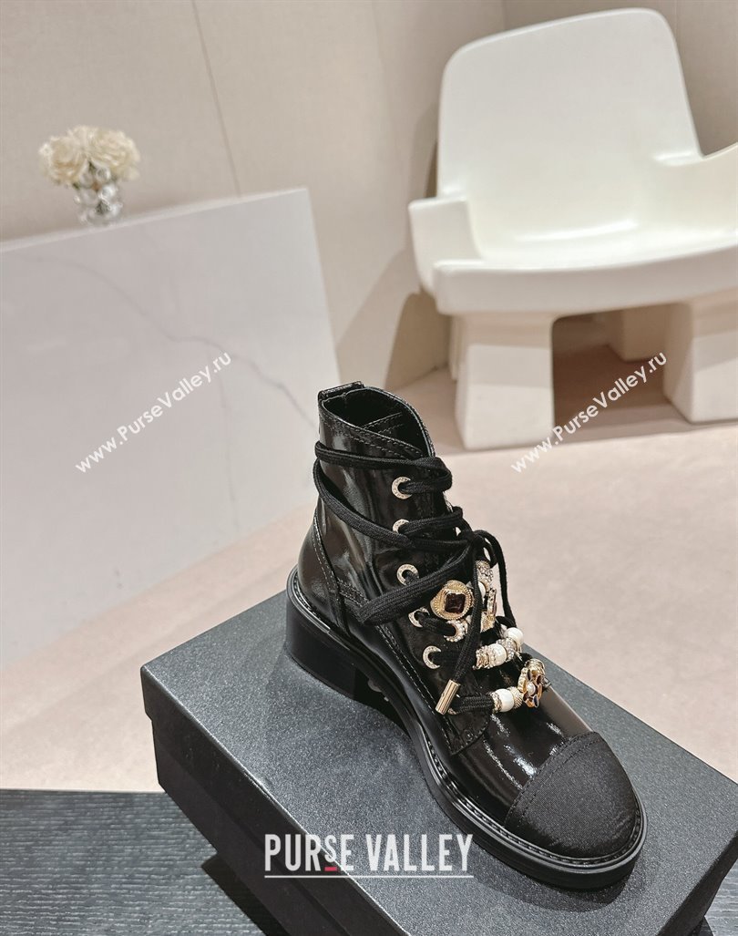 Chanel Patent Crinkled Calfskin Combat lace-up Ankle Boots 5cm Black 2024 G45856 (MD-240722057)