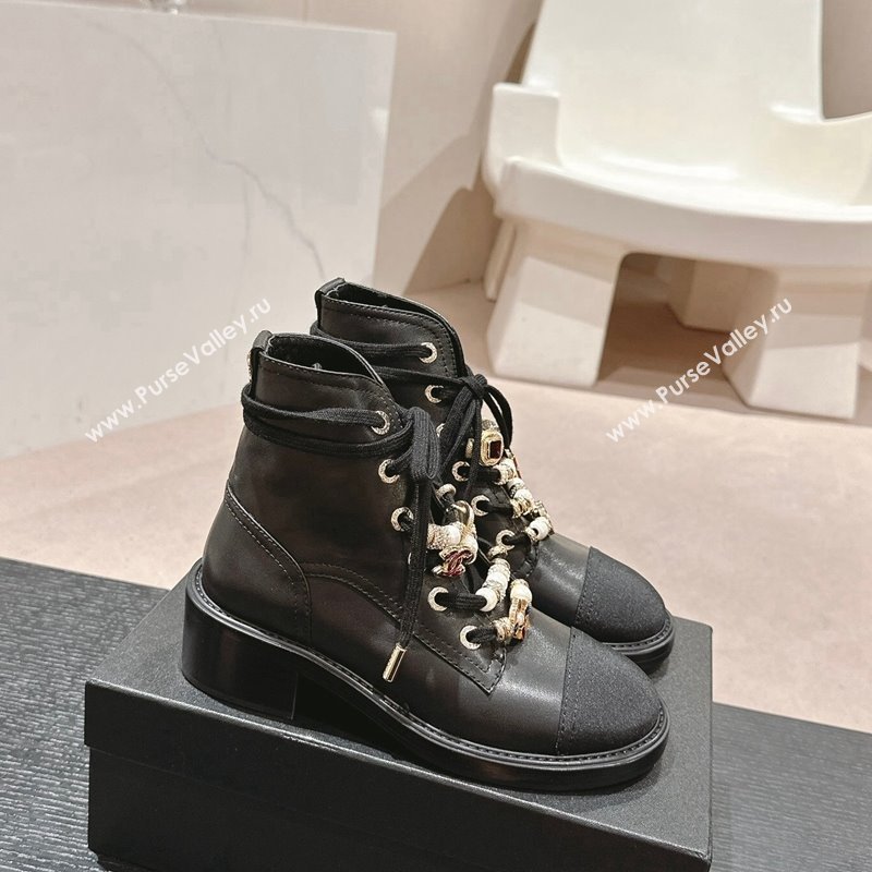 Chanel Calfskin Leather Combat lace-up Ankle Boots 5cm Black 2024 G45856 (MD-240722059)