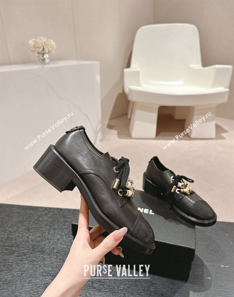 Chanel Calfskin leather lace-up Pumps 5cm with Charm Black 2024 G45856 (MD-240722063)