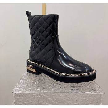 Chanel Shiny Quilted Calfskin Ankle Boots with Chain and Logo Black 2024 072201 (KL-240722005)